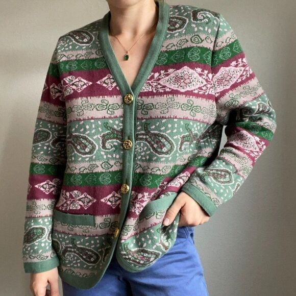Vintage 80s Womens Pink Green Paisley Striped Oversized Grandma Cardigan Sz L - Picture 10 of 11